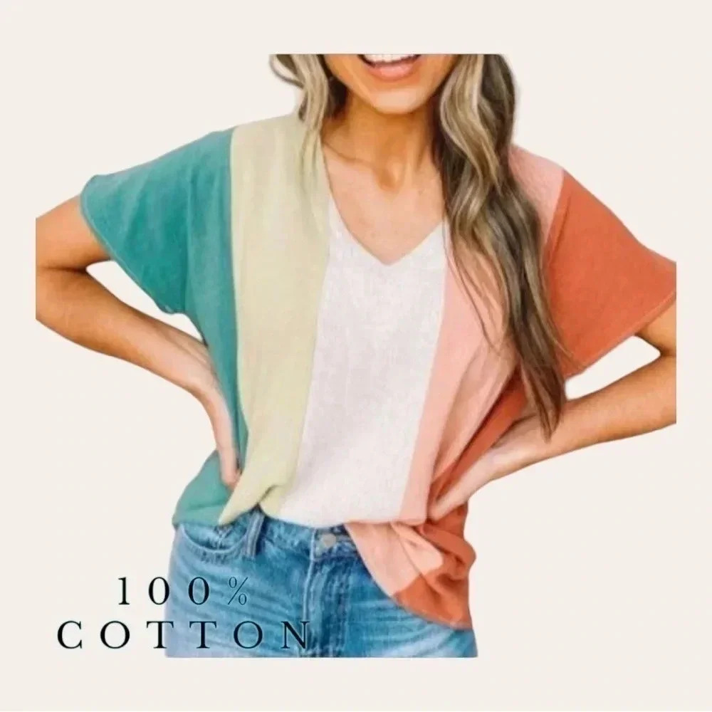 0449. COLOR BLOCK MULTICOLORED 100% COTTON TOP SIZE LARGE LIGHTWEIGHT V NECKLINE